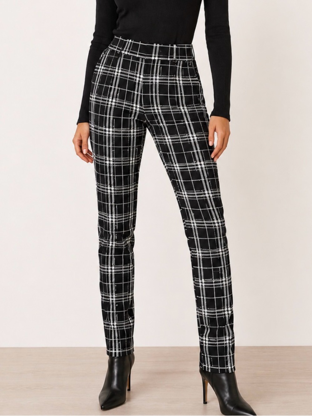 Black White Plaid High Rise Straight Leg Dress Pants stretch business SZ XXs